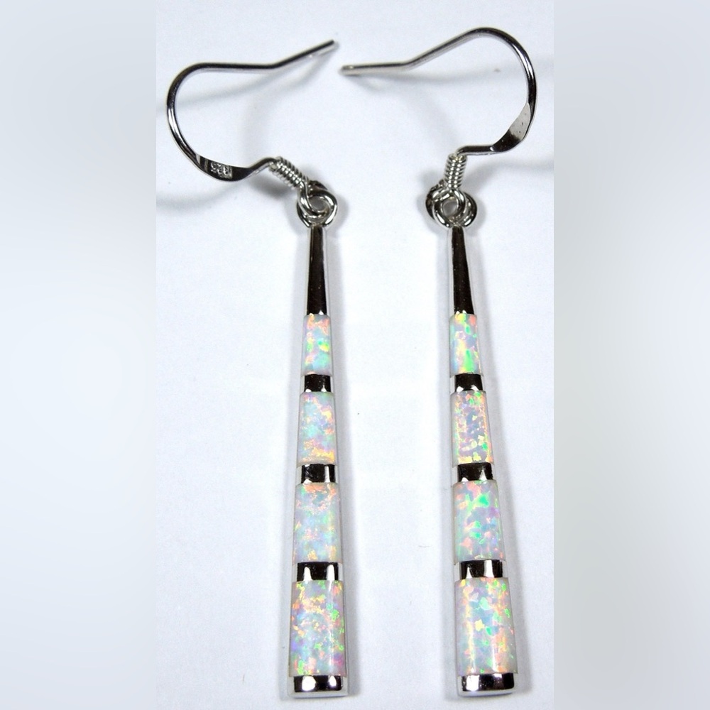 Firey Opal Inlay Sterling Silver Drop Earrings - White Opalescent